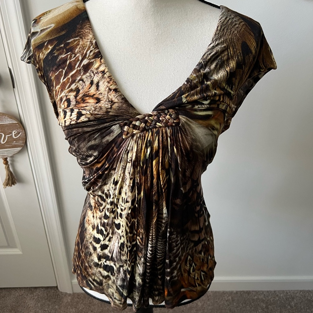 Sky Feather printed top w suede braided back straps. Size S New W Tags